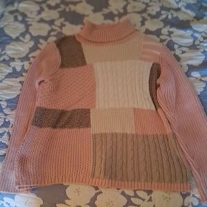 liz & co. Patchwork Cable Turtleneck Sweater - Pink/Cream/Taupe
